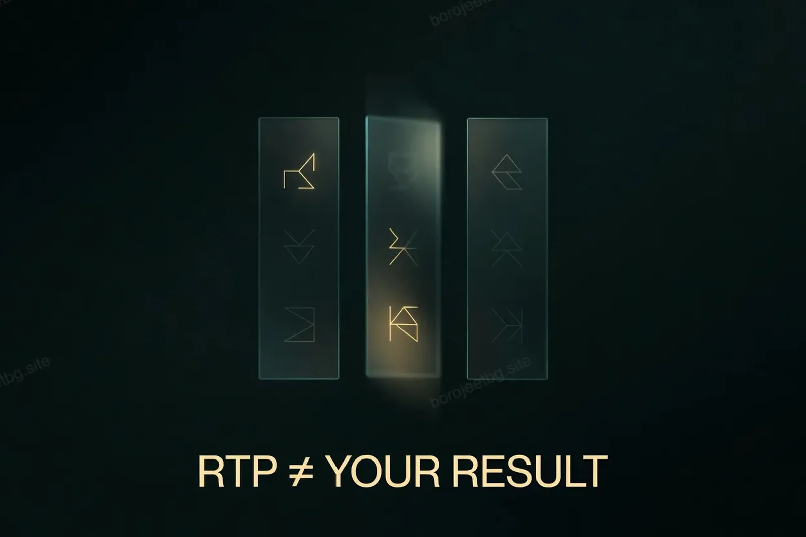 Three glass slot reels in dark space illustrating that published RTP is not the same as an individual player result